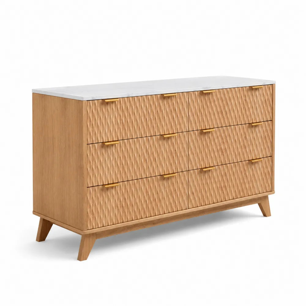 Kommode mit 6 Schubladen aus Eichenholz mit Marmorplatte Beige