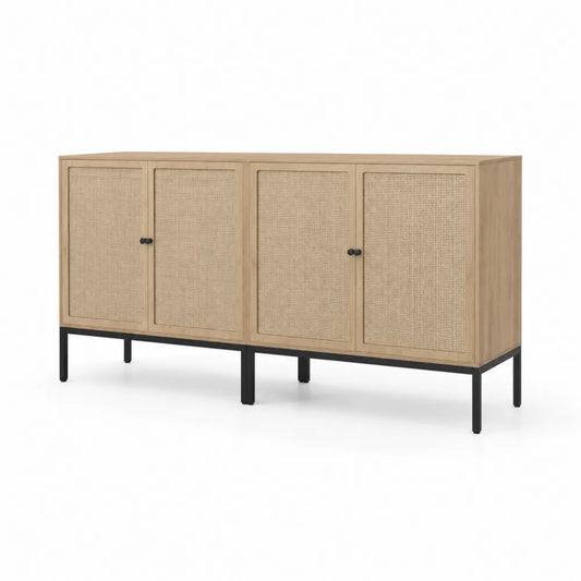 Sideboard aus Eichenholz und Rattangeflecht mit Metallrahmen