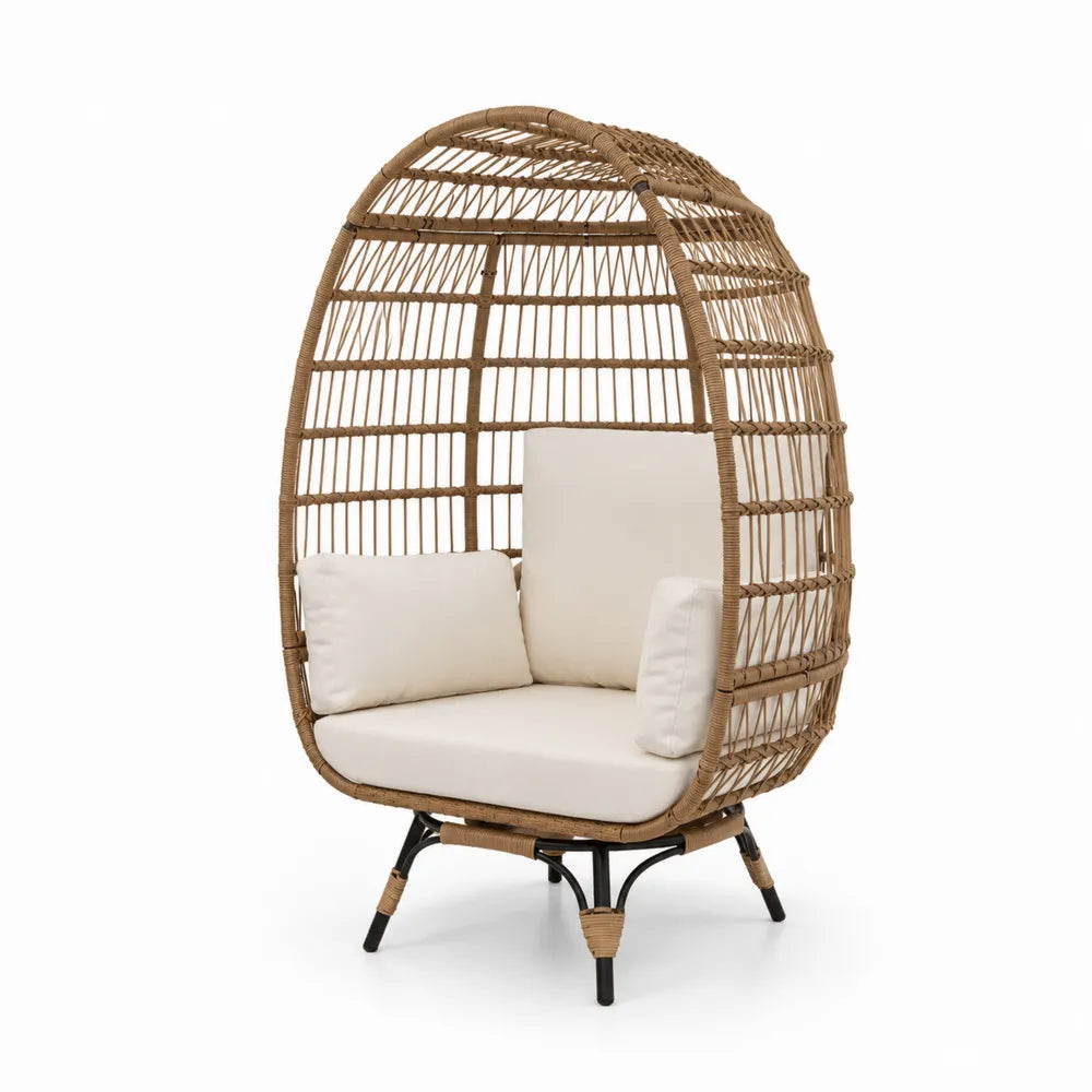 Outdoor Ei-Stuhl aus Rattan mit Kissen, Beige