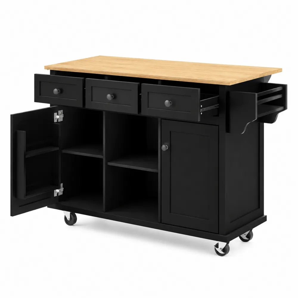 Schwarzer Küchenwagen aus MDF mit Massivholzplatte, 120x50x90 cm